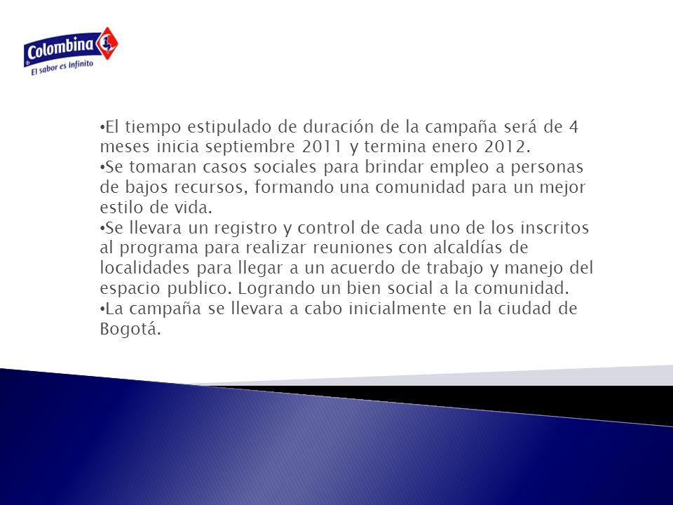 El tiempo estipulado de duración de la campaña será de 4 meses inicia septiembre 2011 y termina enero 2012.