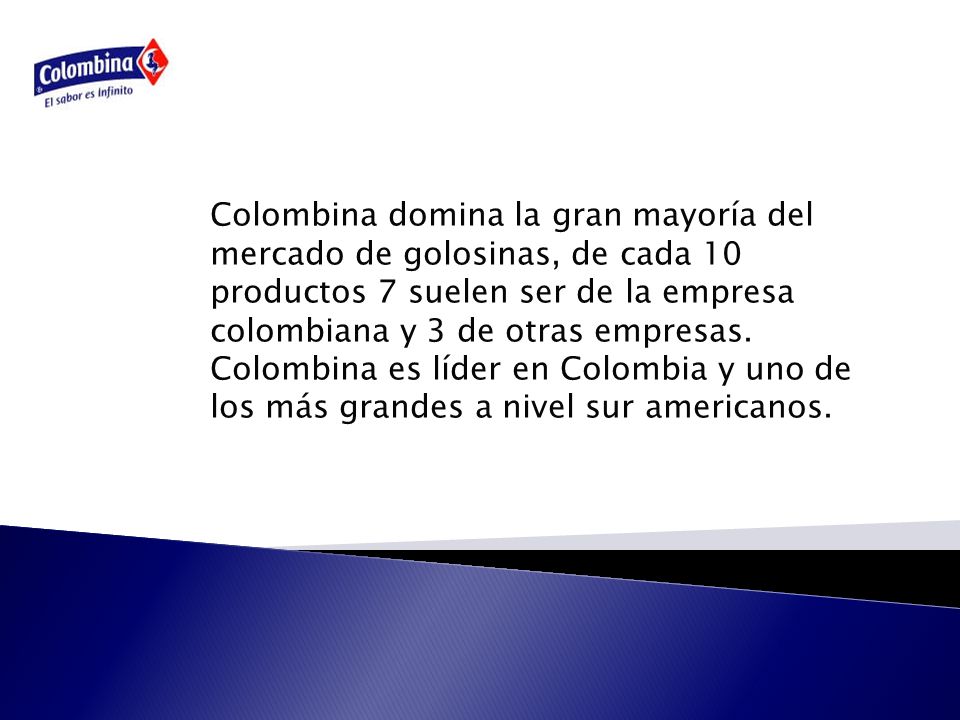 Colombina domina la gran mayoría del mercado de golosinas, de cada 10 productos 7 suelen ser de la empresa colombiana y 3 de otras empresas.