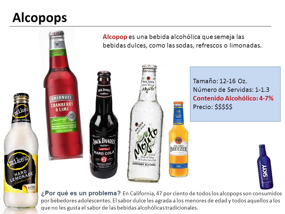 Alcopops Alcopop es una bebida alcohólica que semeja las bebidas dulces, como las sodas, refrescos o limonadas.