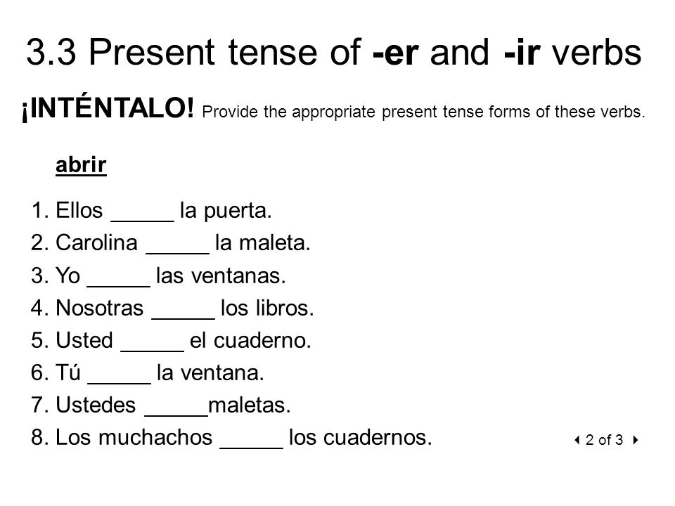 ¡INTÉNTALO! Provide the appropriate present tense forms of these verbs.