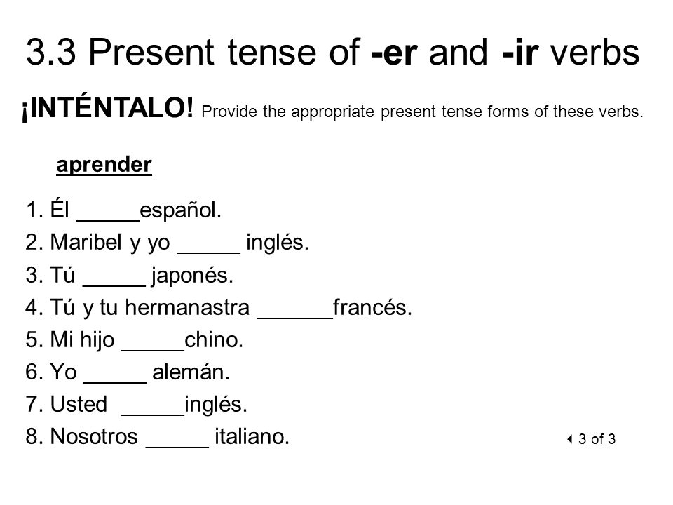 ¡INTÉNTALO! Provide the appropriate present tense forms of these verbs.