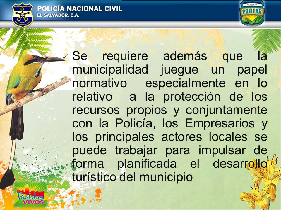 Se requiere además que la municipalidad juegue un papel normativo especialmente en lo relativo a la protección de los recursos propios y conjuntamente con la Policía, los Empresarios y los principales actores locales se puede trabajar para impulsar de forma planificada el desarrollo turístico del municipio