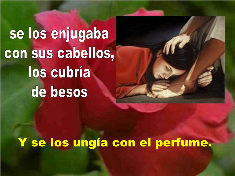 se los enjugaba con sus cabellos, los cubría de besos Y se los ungía con el perfume.