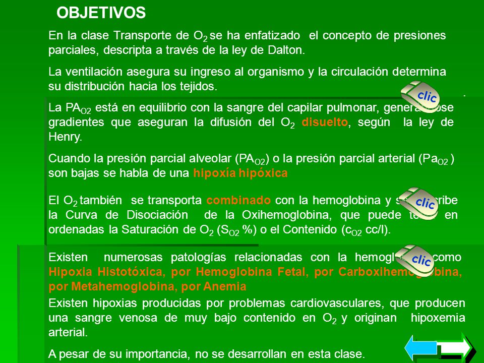 OBJETIVOS En la clase Transporte de O2 se ha enfatizado el concepto de presiones parciales, descripta a través de la ley de Dalton.