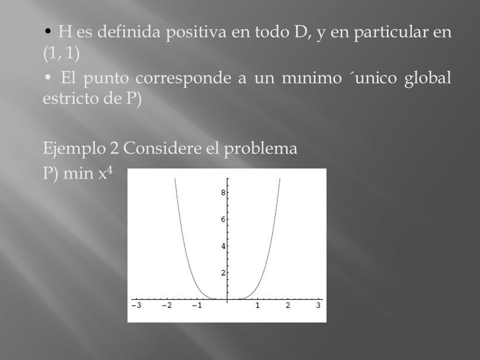 • H es definida positiva en todo D, y en particular en (1, 1)