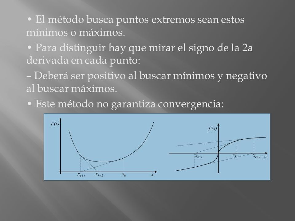 • El método busca puntos extremos sean estos mínimos o máximos.