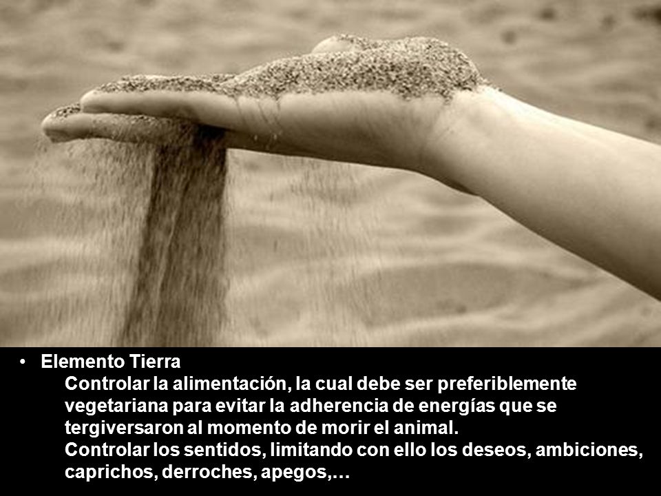 Elemento Tierra Controlar la alimentación, la cual debe ser preferiblemente vegetariana para evitar la adherencia de energías que se tergiversaron al momento de morir el animal.