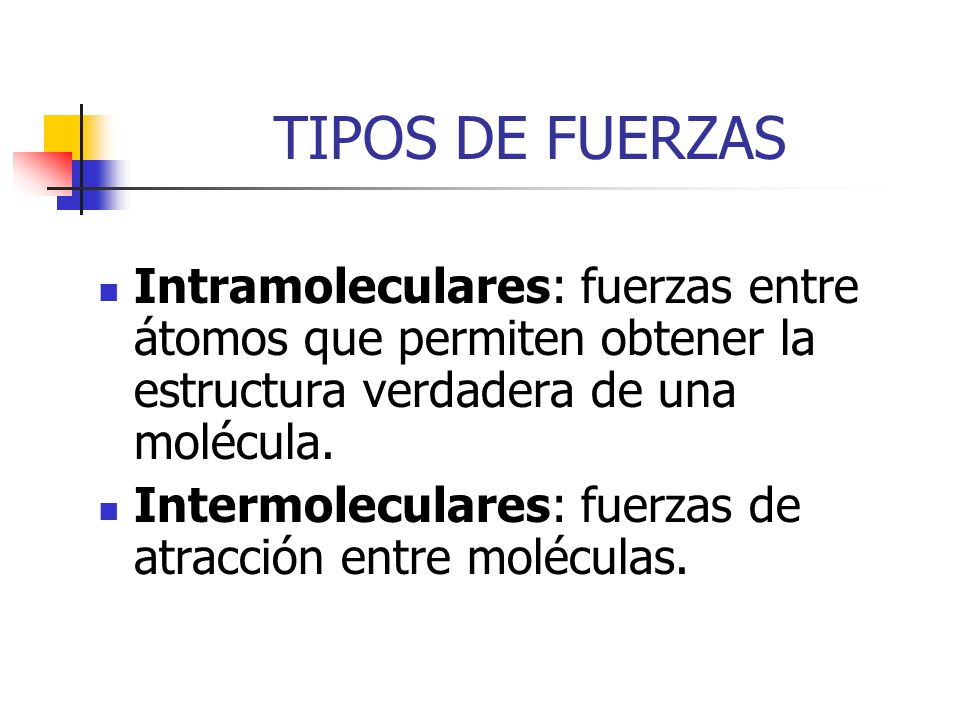 TIPOS DE FUERZAS Intramoleculares: fuerzas entre átomos que permiten obtener la estructura verdadera de una molécula.