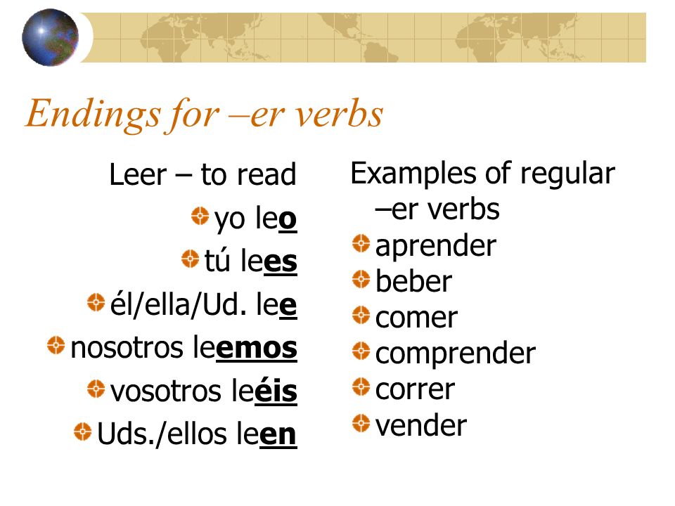 Endings for –er verbs Leer – to read Examples of regular yo leo