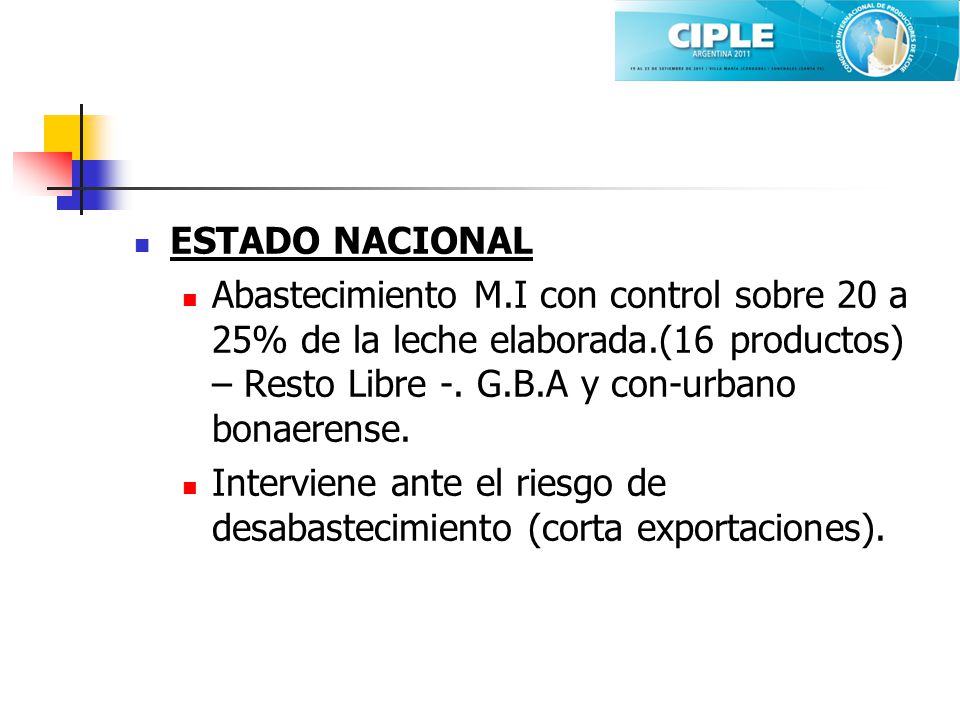 ESTADO NACIONAL Abastecimiento M.I con control sobre 20 a 25% de la leche elaborada.(16 productos) – Resto Libre -. G.B.A y con-urbano bonaerense.