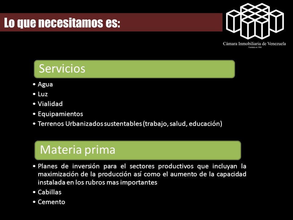 Servicios Materia prima Lo que necesitamos es: Agua Luz Vialidad