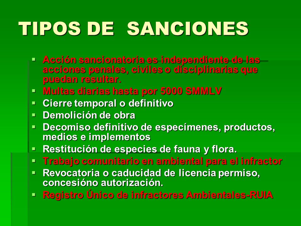 TIPOS DE SANCIONES Acción sancionatoria es independiente de las acciones penales, civiles o disciplinarias que puedan resultar.