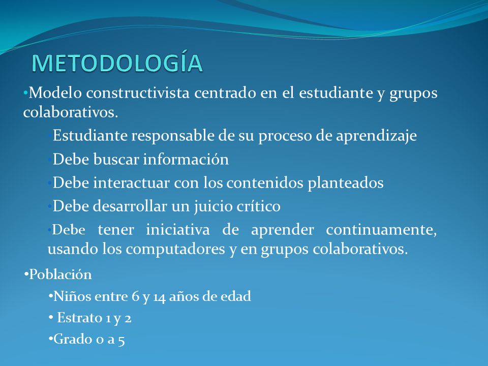 METODOLOGÍA Modelo constructivista centrado en el estudiante y grupos colaborativos. Estudiante responsable de su proceso de aprendizaje.