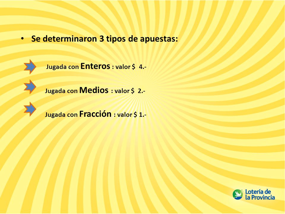 Se determinaron 3 tipos de apuestas: Jugada con Enteros : valor $ 4.-