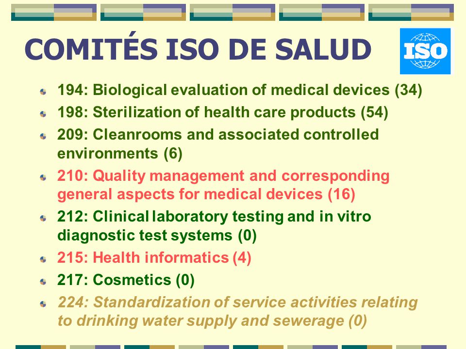 COMITÉS ISO DE SALUD 194: Biological evaluation of medical devices (34) 198: Sterilization of health care products (54)