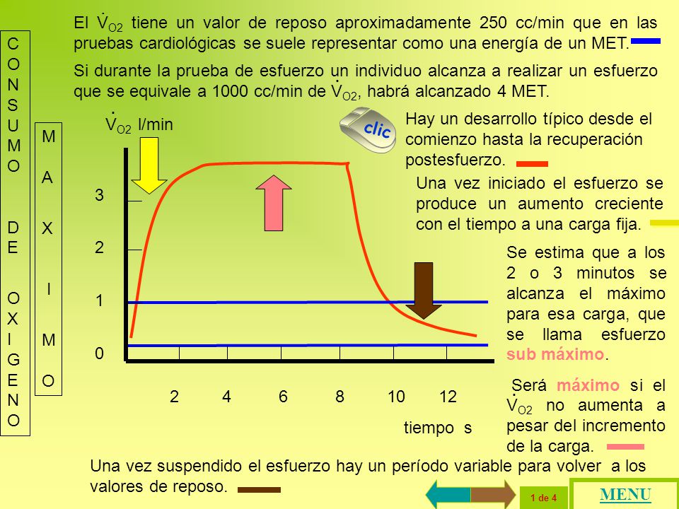 El VO2 tiene un valor de reposo aproximadamente 250 cc/min que en las pruebas cardiológicas se suele representar como una energía de un MET.
