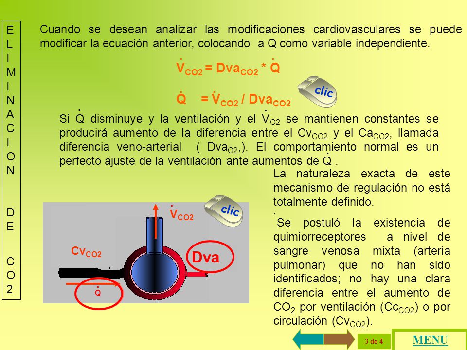 Dva VCO2 = DvaCO2 * Q Q = VCO2 / DvaCO2 ELIMIN ACION DE CO2