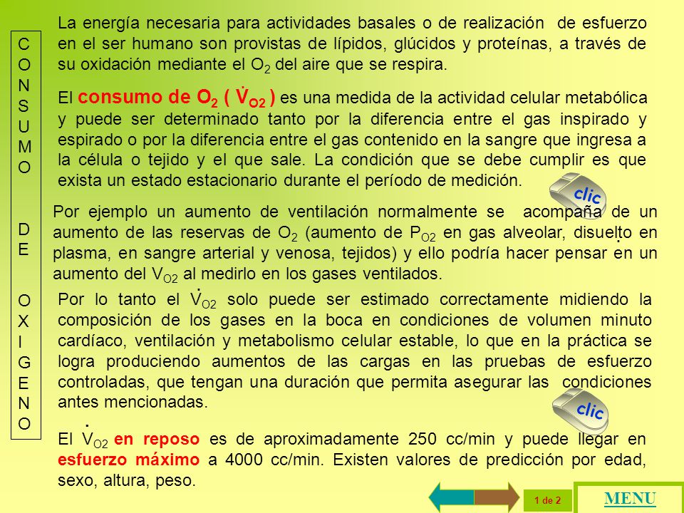 La energía necesaria para actividades basales o de realización de esfuerzo en el ser humano son provistas de lípidos, glúcidos y proteínas, a través de su oxidación mediante el O2 del aire que se respira.