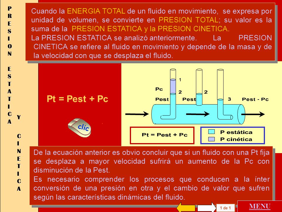 PRESION ESTATICA Pt = Pest + Pc Y CINETICA .