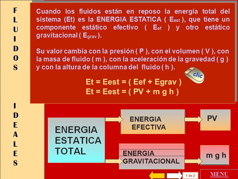 FLUIDOS IDEALES Et = Eest = ( Eef + Egrav ) Et = Eest = ( PV + m g h )