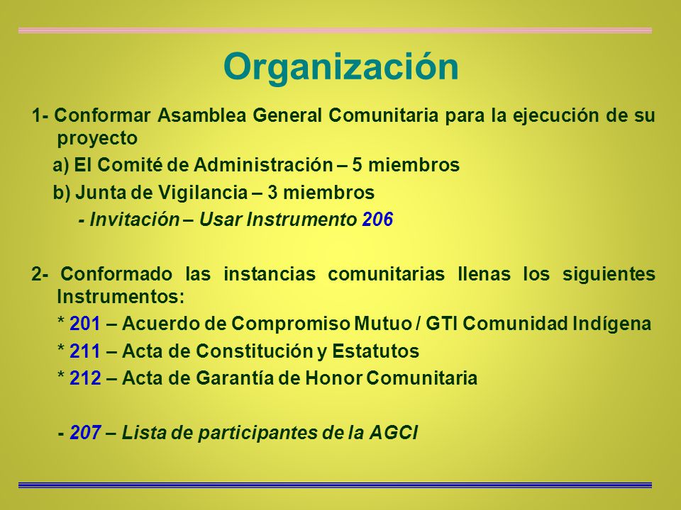 Organización 1- Conformar Asamblea General Comunitaria para la ejecución de su proyecto. a) El Comité de Administración – 5 miembros.