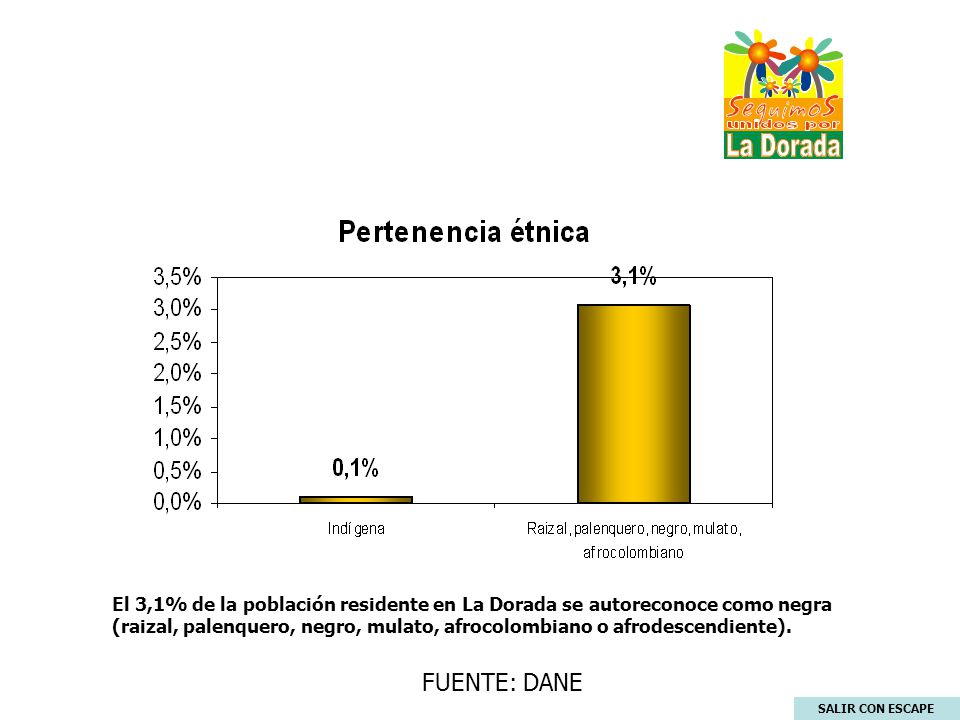 El 3,1% de la población residente en La Dorada se autoreconoce como negra (raizal, palenquero, negro, mulato, afrocolombiano o afrodescendiente).