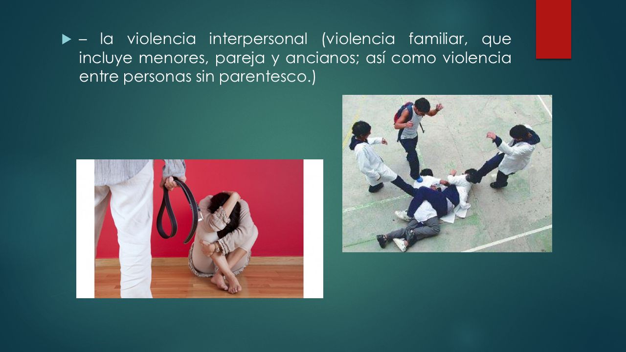 – la violencia interpersonal (violencia familiar, que incluye menores, pareja y ancianos; así como violencia entre personas sin parentesco.)