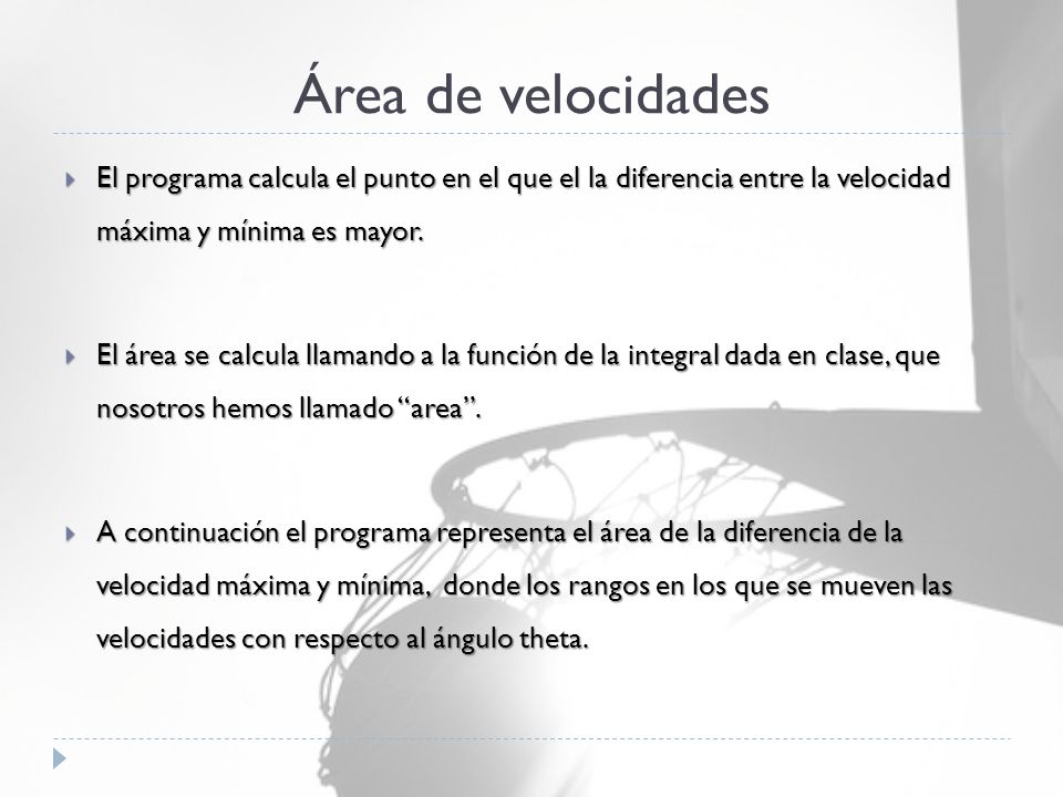 Área de velocidades El programa calcula el punto en el que el la diferencia entre la velocidad máxima y mínima es mayor.