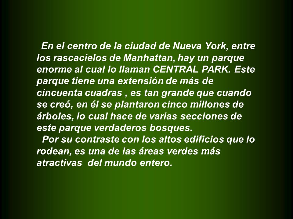 En el centro de la ciudad de Nueva York, entre los rascacielos de Manhattan, hay un parque enorme al cual lo llaman CENTRAL PARK. Este parque tiene una extensión de más de cincuenta cuadras , es tan grande que cuando se creó, en él se plantaron cinco millones de árboles, lo cual hace de varias secciones de este parque verdaderos bosques.