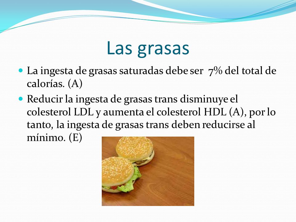 Las grasas La ingesta de grasas saturadas debe ser 7% del total de calorías. (A)