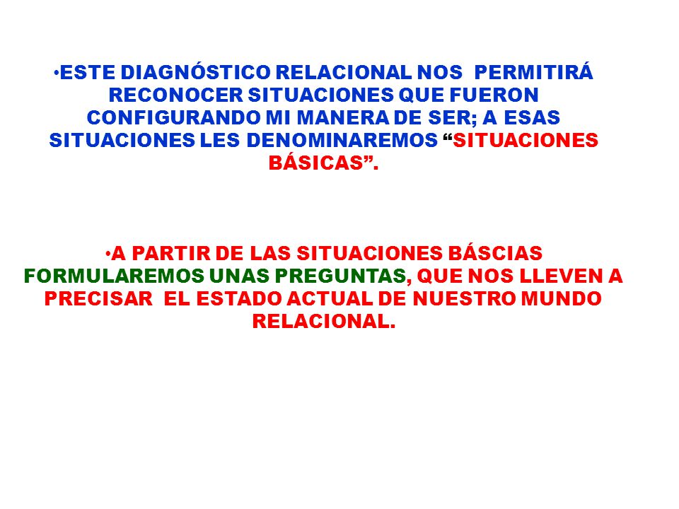ESTE DIAGNÓSTICO RELACIONAL NOS PERMITIRÁ RECONOCER SITUACIONES QUE FUERON CONFIGURANDO MI MANERA DE SER; A ESAS SITUACIONES LES DENOMINAREMOS SITUACIONES BÁSICAS .