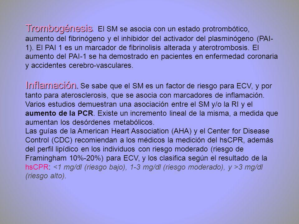 Trombogénesis. El SM se asocia con un estado protrombótico, aumento del fibrinógeno y el inhibidor del activador del plasminógeno (PAI-1). El PAI 1 es un marcador de fibrinolisis alterada y aterotrombosis. El aumento del PAI-1 se ha demostrado en pacientes en enfermedad coronaria y accidentes cerebro-vasculares.