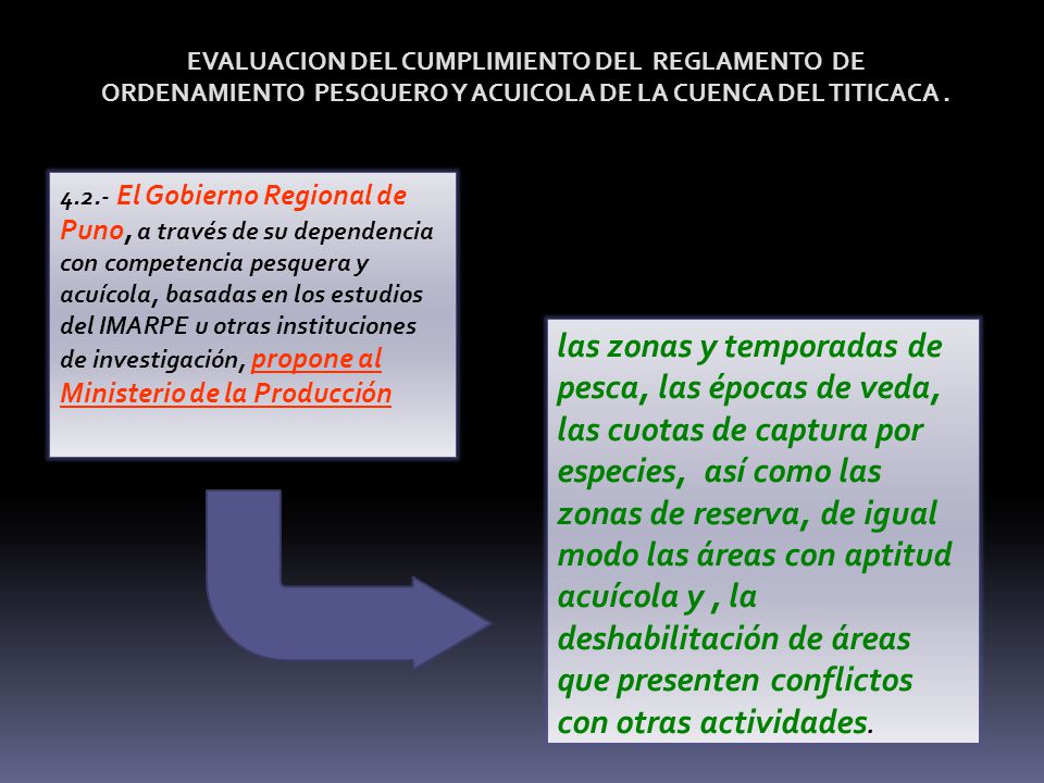 EVALUACION DEL CUMPLIMIENTO DEL REGLAMENTO DE ORDENAMIENTO PESQUERO Y ACUICOLA DE LA CUENCA DEL TITICACA .