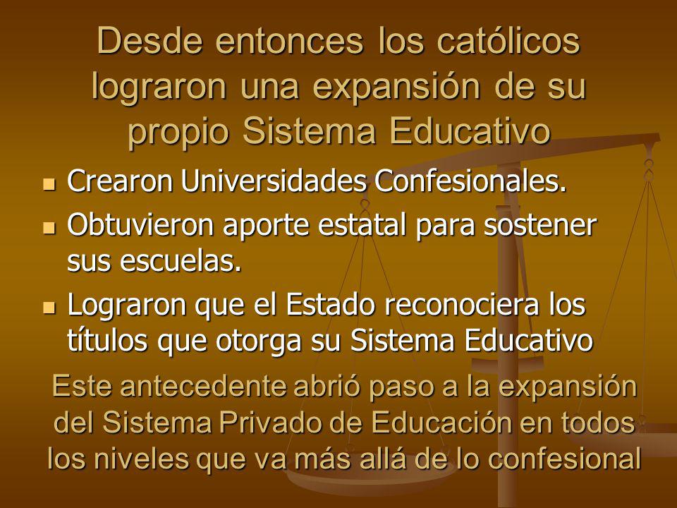 Desde entonces los católicos lograron una expansión de su propio Sistema Educativo
