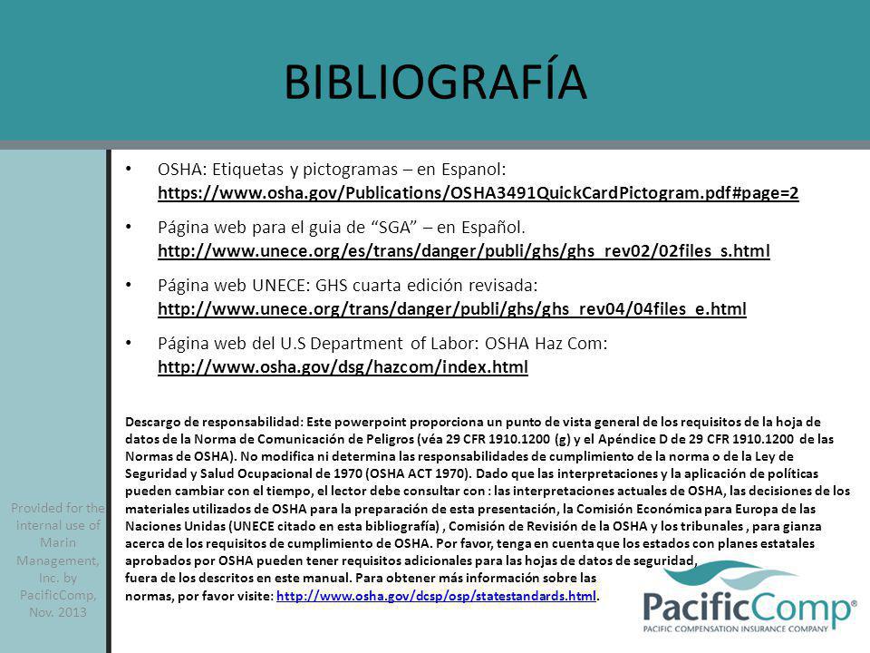 BIBLIOGRAFÍA OSHA: Etiquetas y pictogramas – en Espanol: