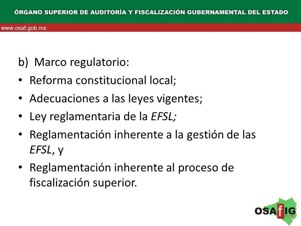 b) Marco regulatorio: Reforma constitucional local; Adecuaciones a las leyes vigentes; Ley reglamentaria de la EFSL;