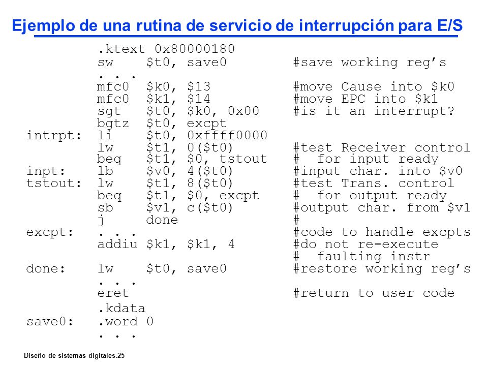 Ejemplo de una rutina de servicio de interrupción para E/S