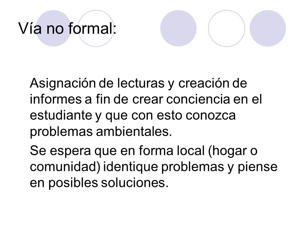 Vía no formal: Asignación de lecturas y creación de informes a fin de crear conciencia en el estudiante y que con esto conozca problemas ambientales.