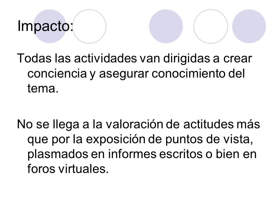 Impacto: Todas las actividades van dirigidas a crear conciencia y asegurar conocimiento del tema.