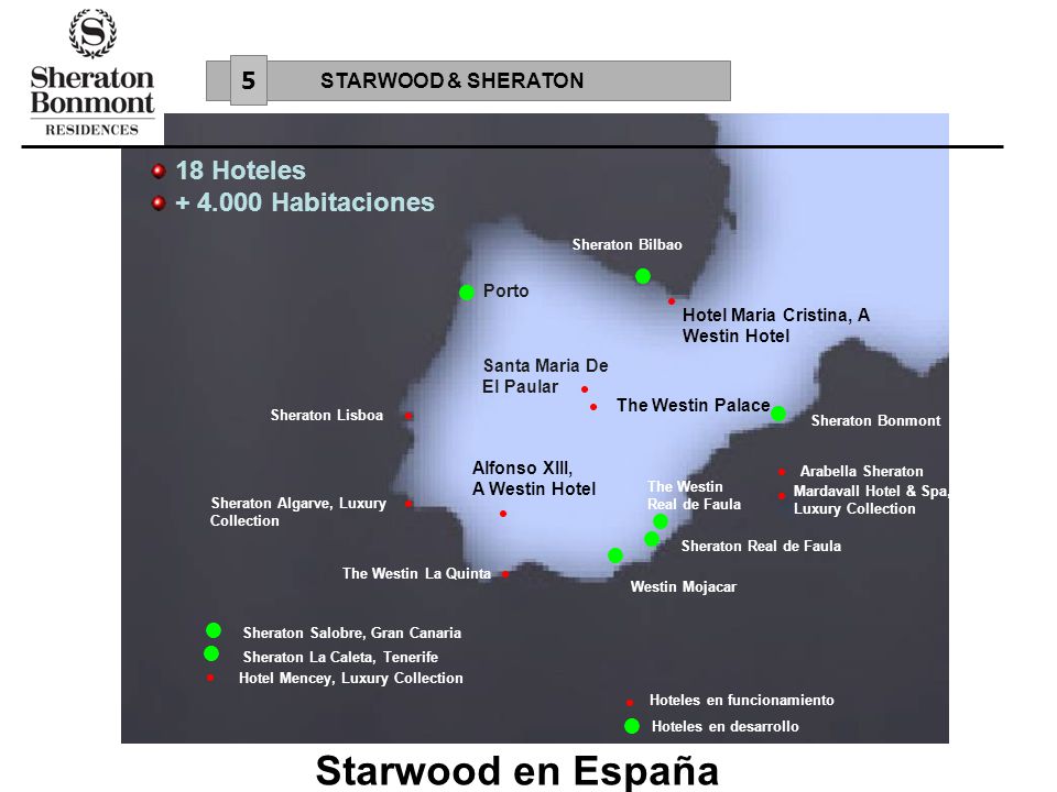 Starwood en España 18 Hoteles Habitaciones l l l l l l l l l 5