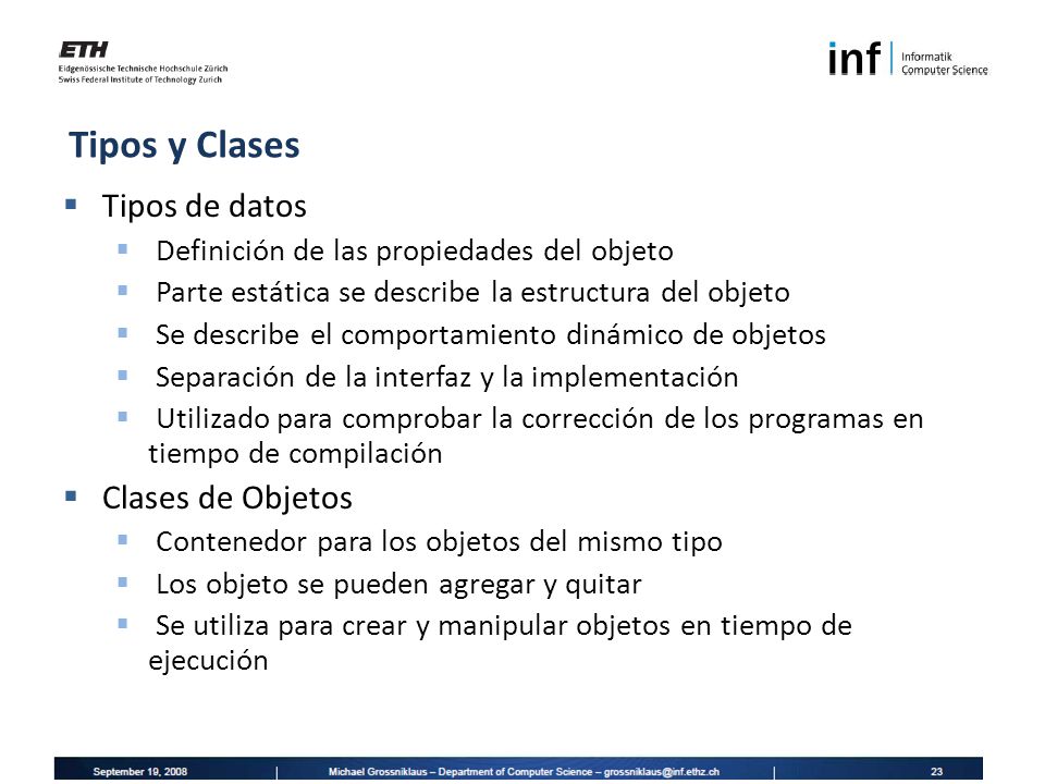 Tipos y Clases Tipos de datos Clases de Objetos