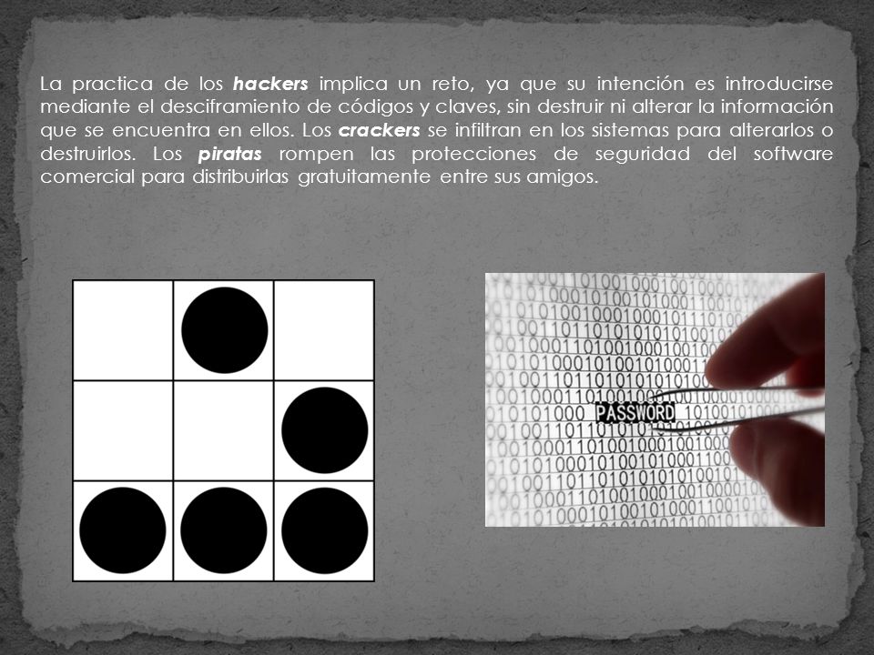 La practica de los hackers implica un reto, ya que su intención es introducirse mediante el desciframiento de códigos y claves, sin destruir ni alterar la información que se encuentra en ellos.