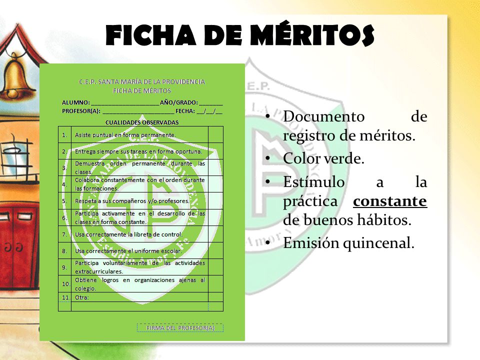 FICHA DE MÉRITOS Documento de registro de méritos. Color verde.