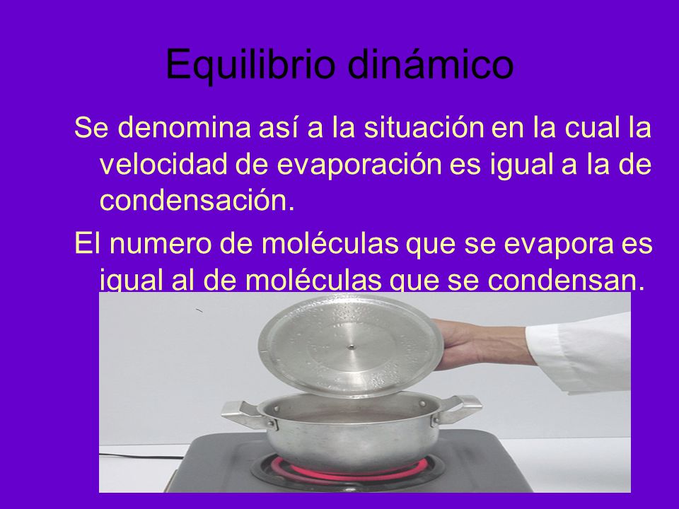 Equilibrio dinámico Se denomina así a la situación en la cual la velocidad de evaporación es igual a la de condensación.