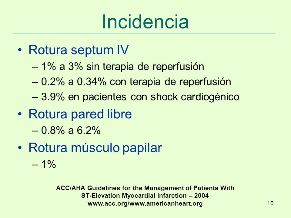 Incidencia Rotura septum IV Rotura pared libre Rotura músculo papilar