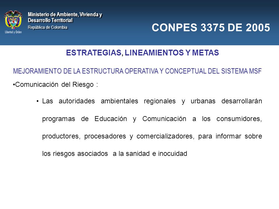 CONPES 3375 DE 2005 ESTRATEGIAS, LINEAMIENTOS Y METAS