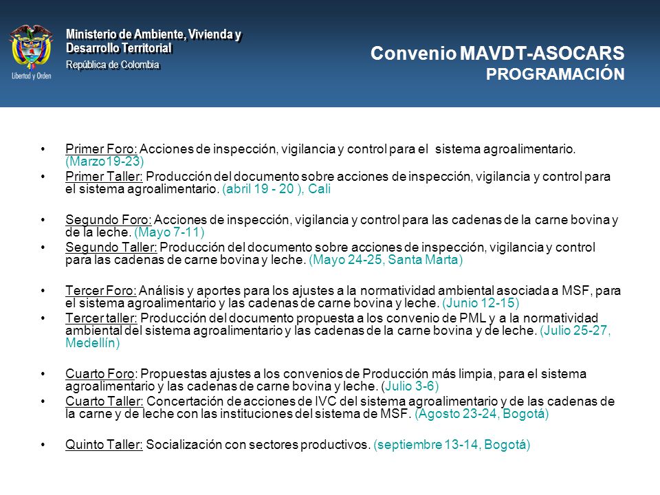 Convenio MAVDT-ASOCARS PROGRAMACIÓN