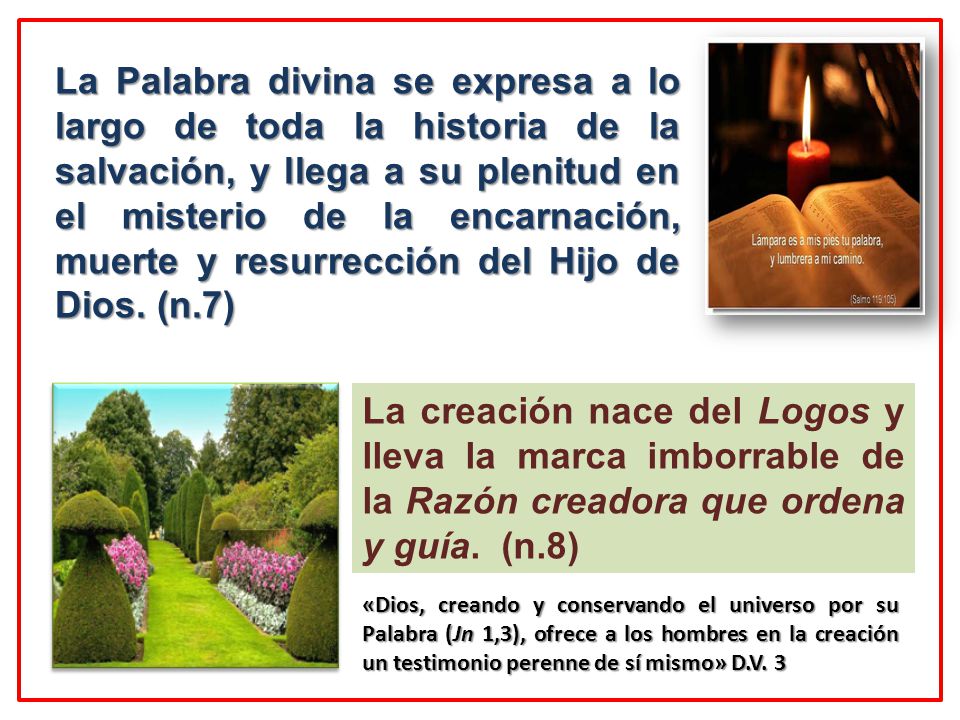 La Palabra divina se expresa a lo largo de toda la historia de la salvación, y llega a su plenitud en el misterio de la encarnación, muerte y resurrección del Hijo de Dios. (n.7)