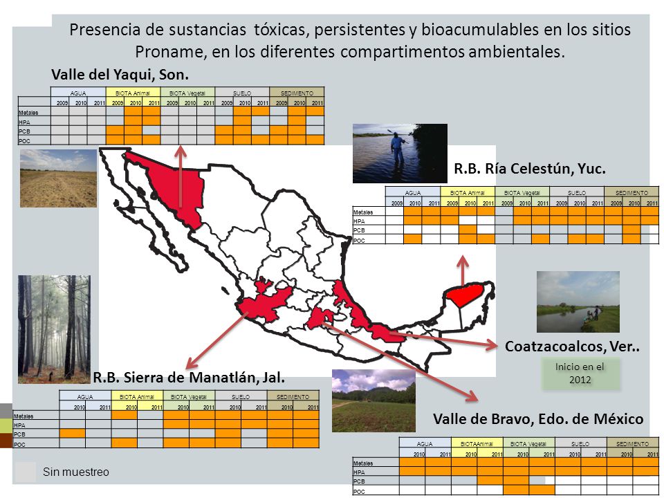 Presencia de sustancias tóxicas, persistentes y bioacumulables en los sitios Proname, en los diferentes compartimentos ambientales.