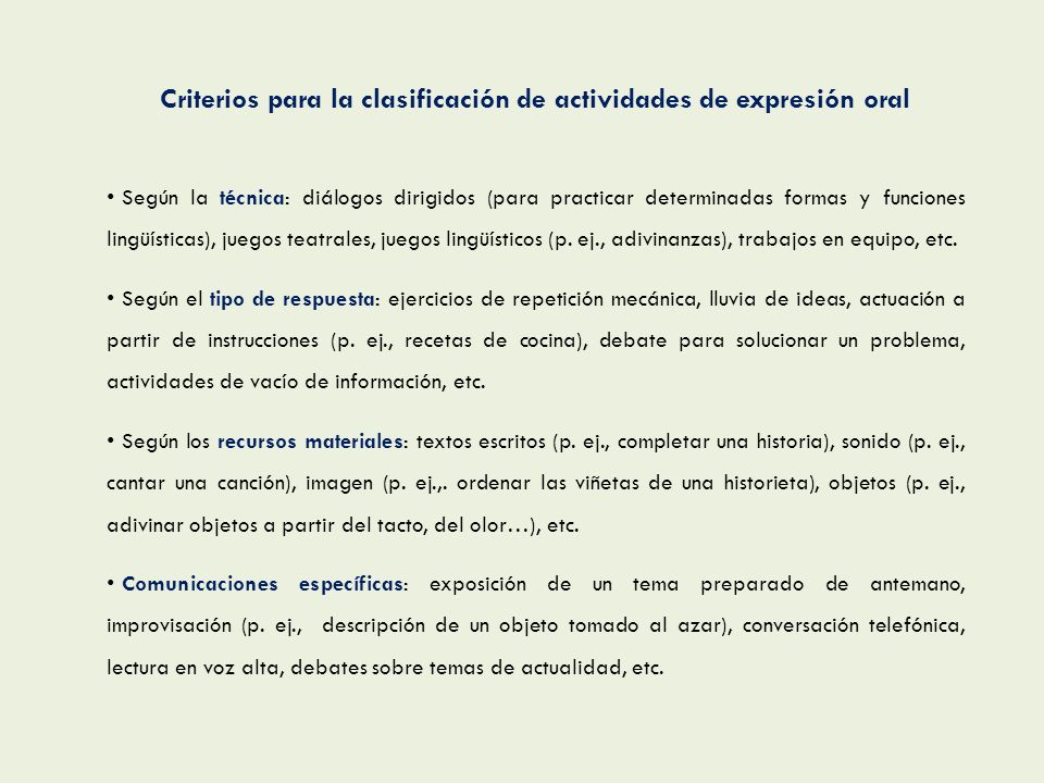 Criterios para la clasificación de actividades de expresión oral